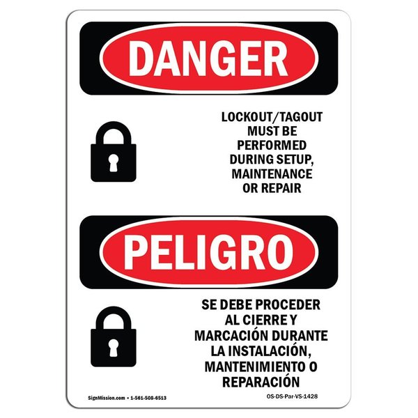 Signmission OSHA, Lockout Tagout Setup Maintenance Bilingual, 18in X 12in Rigid Plastic, 12" W, 18" L, Spanish OS-DS-P-1218-VS-1428
